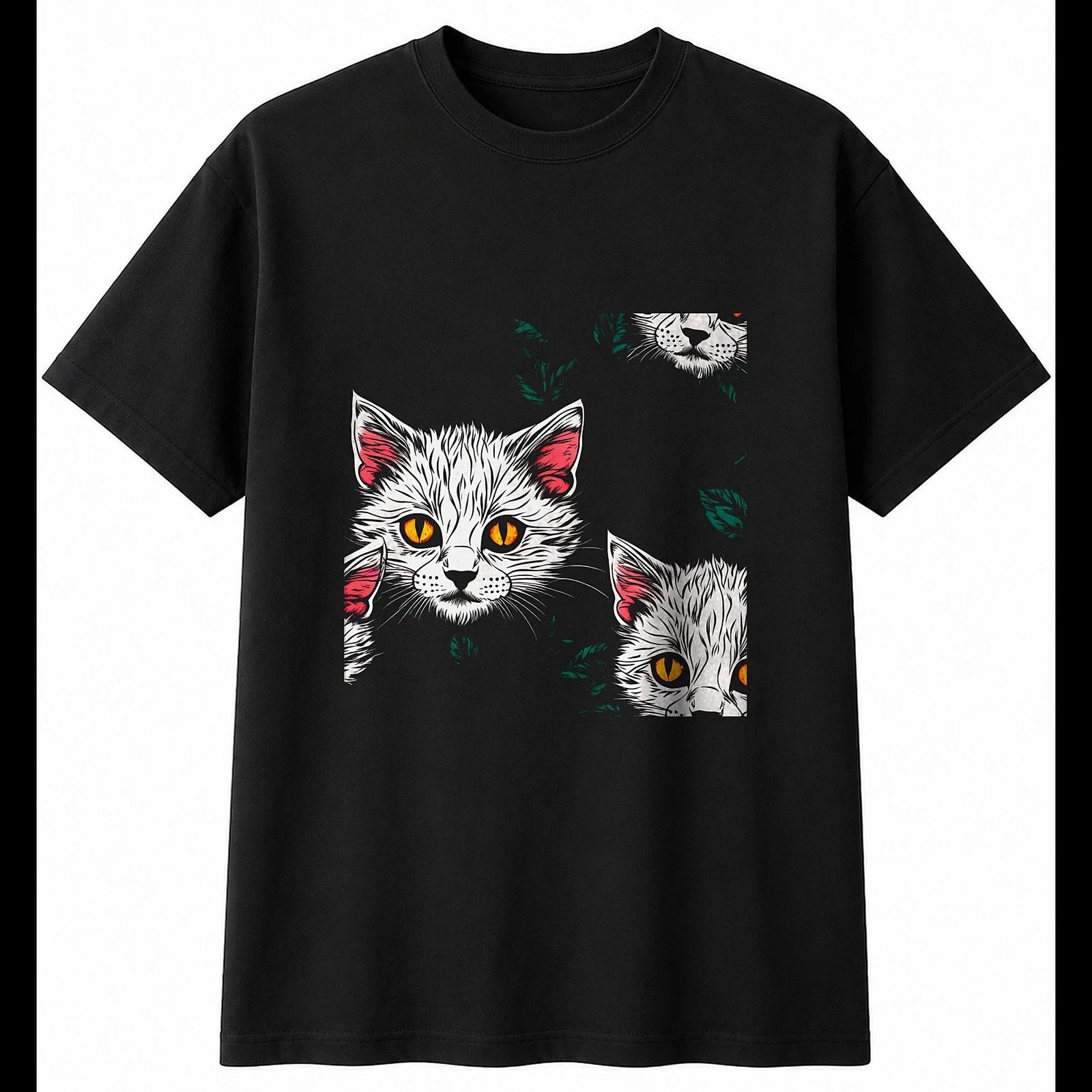 Graphic Kitten with Roses Cat Cute Mens T-Shirt Black 100% Cotton Tee