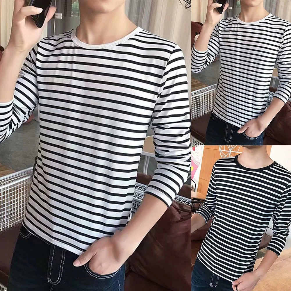 Stripe TShirt Casual Undershirts Tees Tops for Men Long Sleeve Round Neck