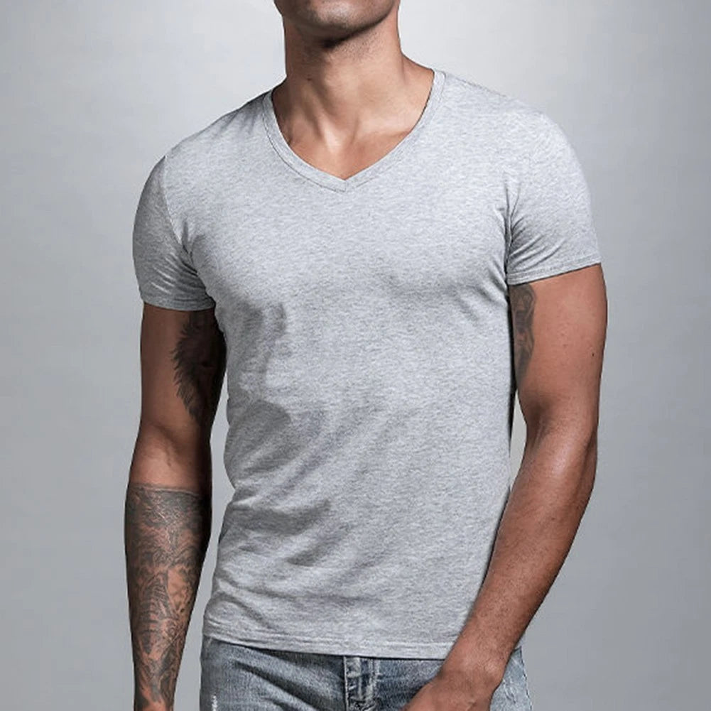 Fashionable Low Cut V Neck Man T Shirt Summer Hipster Short Sleeve Retro