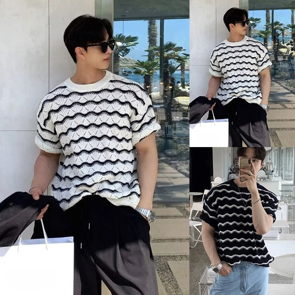 Men's Streetwear T Shirt Short Sleeve Wave Jacquard Knit Hollow Korean Design