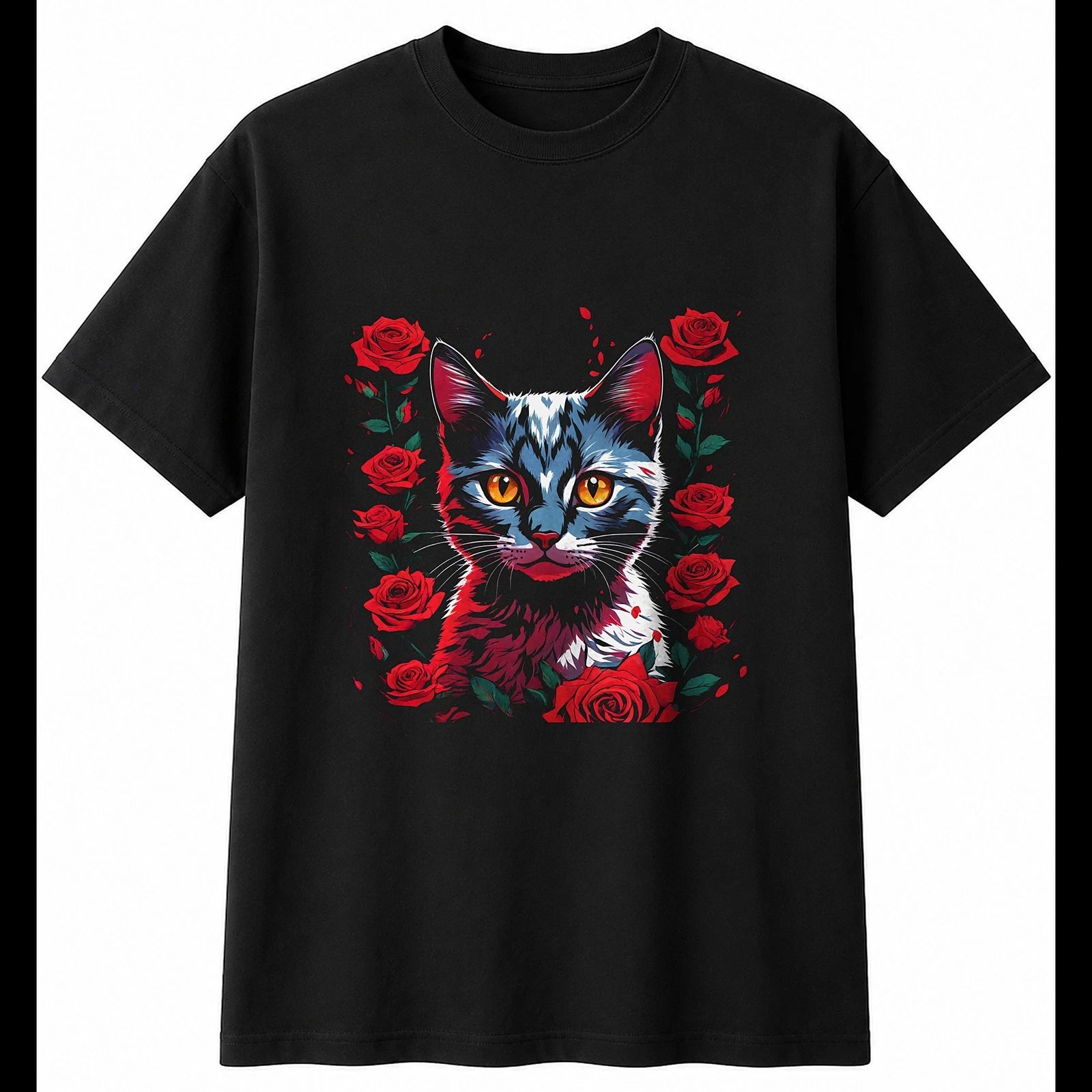 Anime Kitten with Roses Cat Cute Mens T-Shirt Black 100% Cotton Adorable Tee