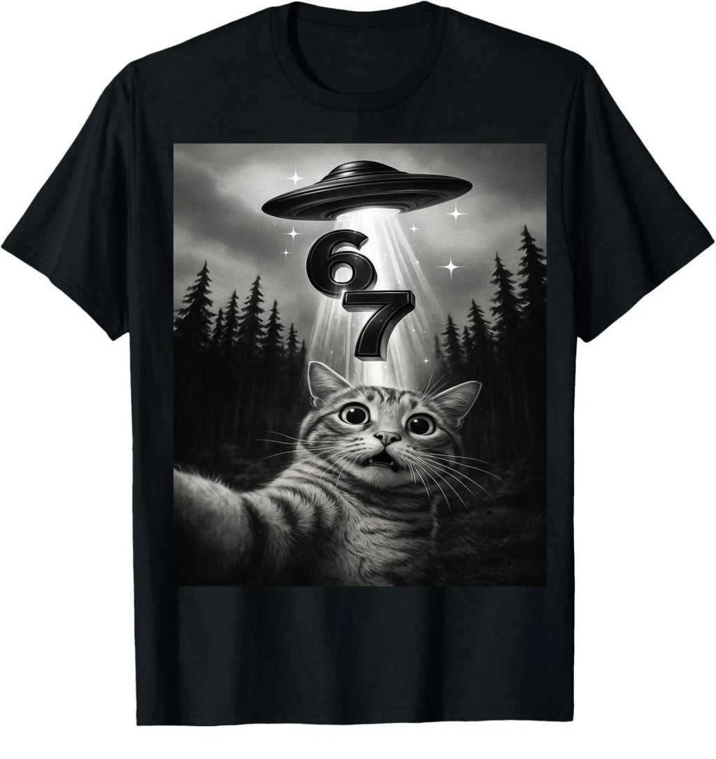 Funny Cat Selfie UFO 67 Six Seven 6 7 Meme T-Shirt Alien Gen Slang Fun Gift Tee