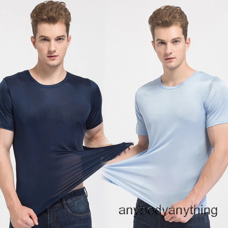 Men's Silk T-shirt Knitted Crew Neck Short Sleeves Underwear Summer Casual Tops