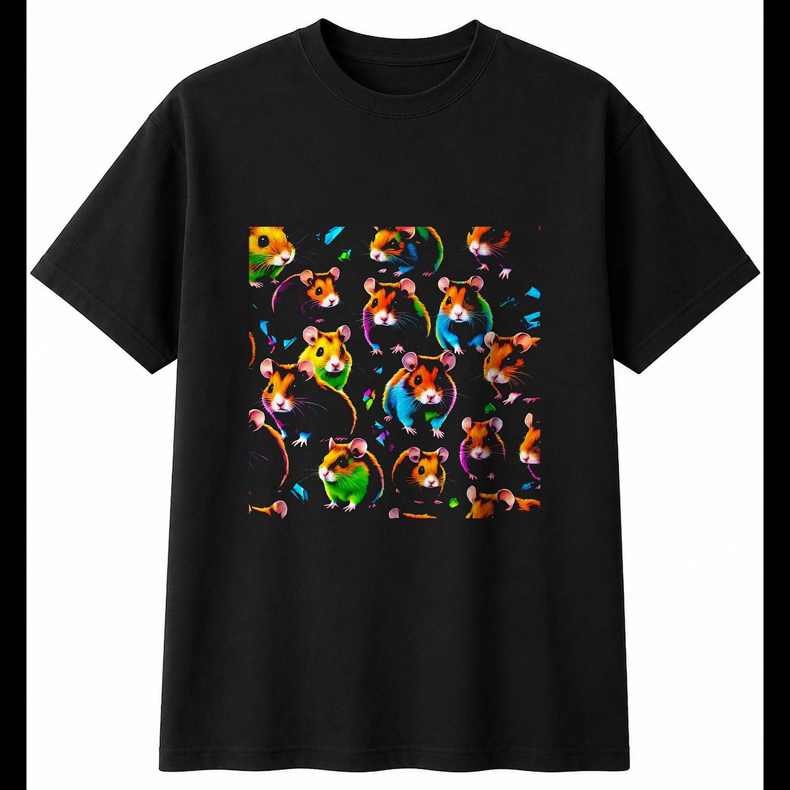 Neon Syrian Hamster Shattered Cute Mens T-Shirt Black 100% Cotton Kawaii Unisex