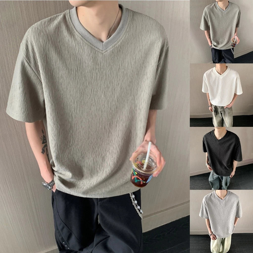 Textured Solid Color Men V Neck T Shirt Loose Short Sleeve for Spring Summer
