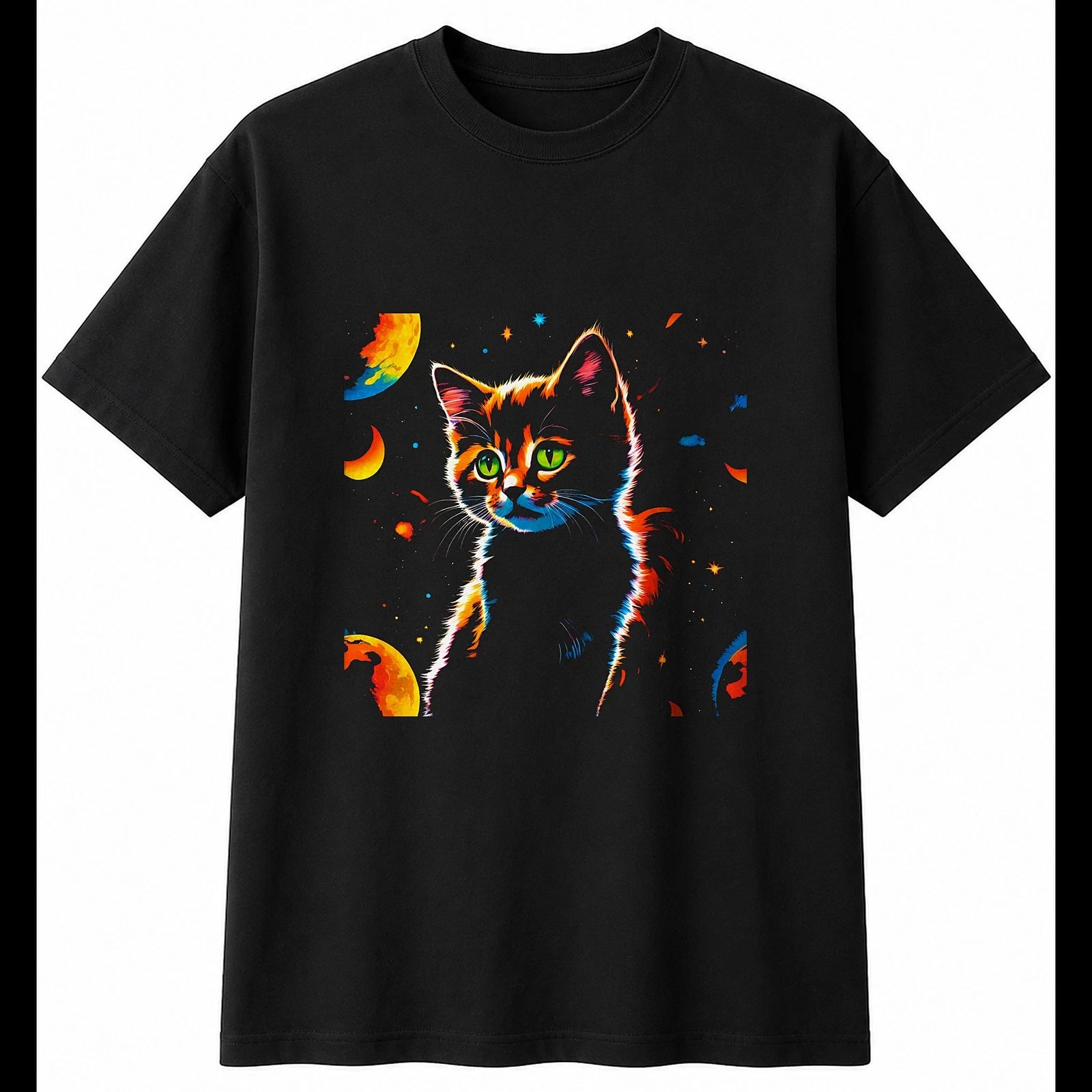 Psychedelic Kitten in Moonlight Cat Cute Mens T-Shirt Black 100% Cotton Adorable
