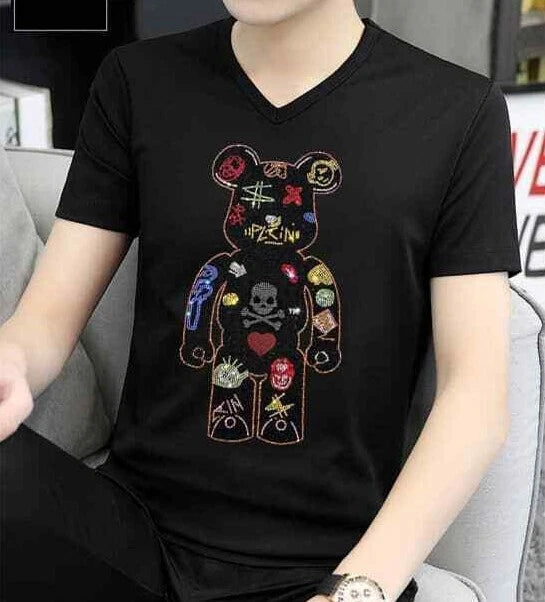 New Fashion V-Neck Diamond Rhinestones Bear Luxury Men Black T-Shirt