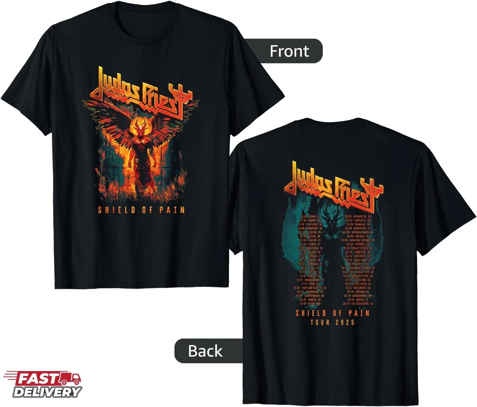 Judas Priest Shield Of Pain Tour 2025 Winged Demon Two-Sided T-Shirt