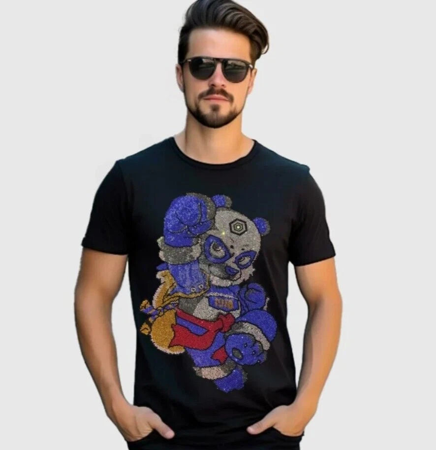 New Fashion Rhinestones Bear Short Sleeve Luxury Men Black White T-Shirt