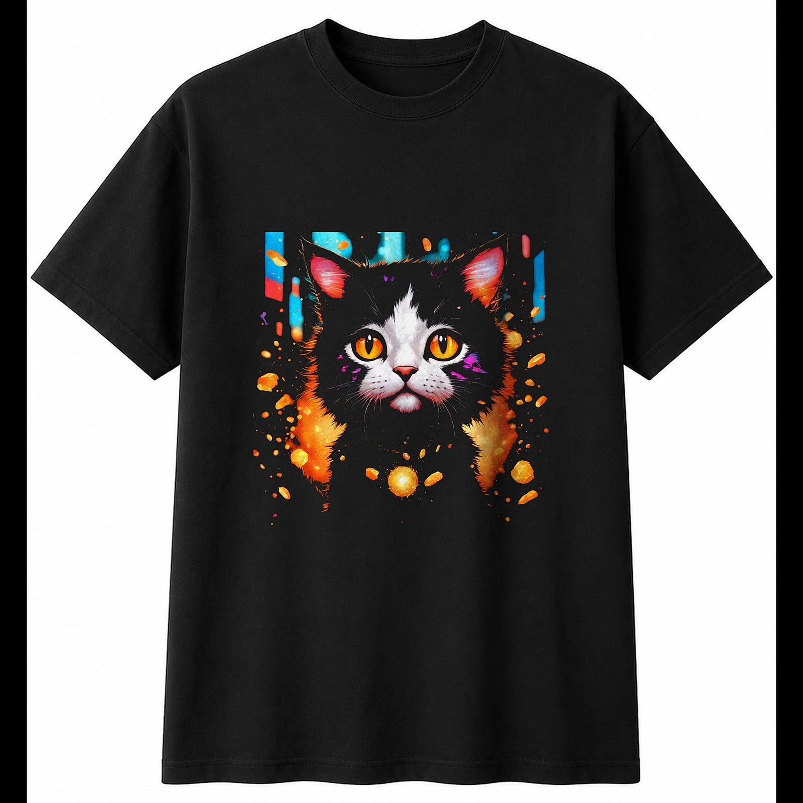 Anime Kitten Glowing Cat Cute Mens T-Shirt Black 100% Cotton Adorable Unisex
