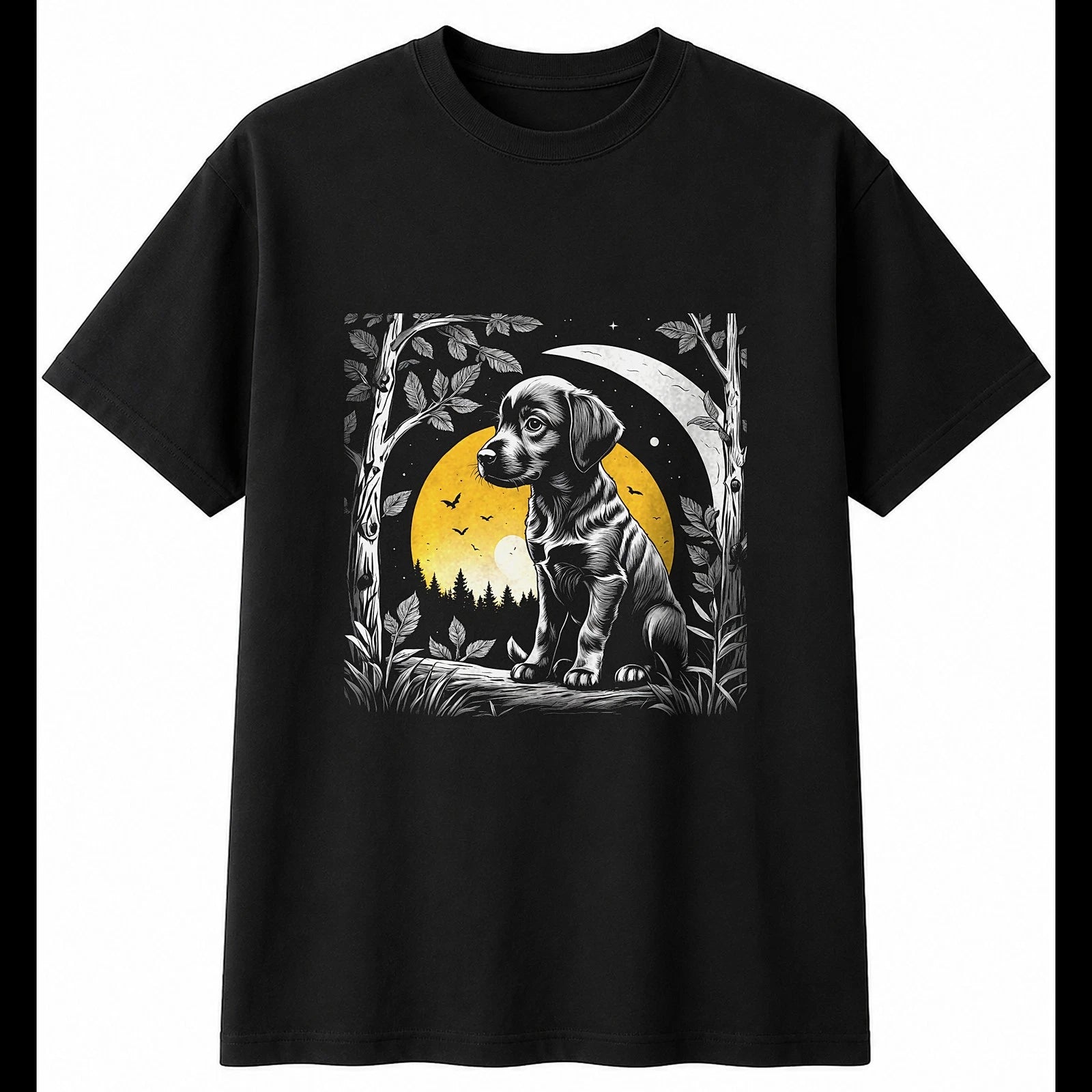 Botanical Puppy in Moonlight Dog Cute Mens T-Shirt Black 100% Cotton Kawaii
