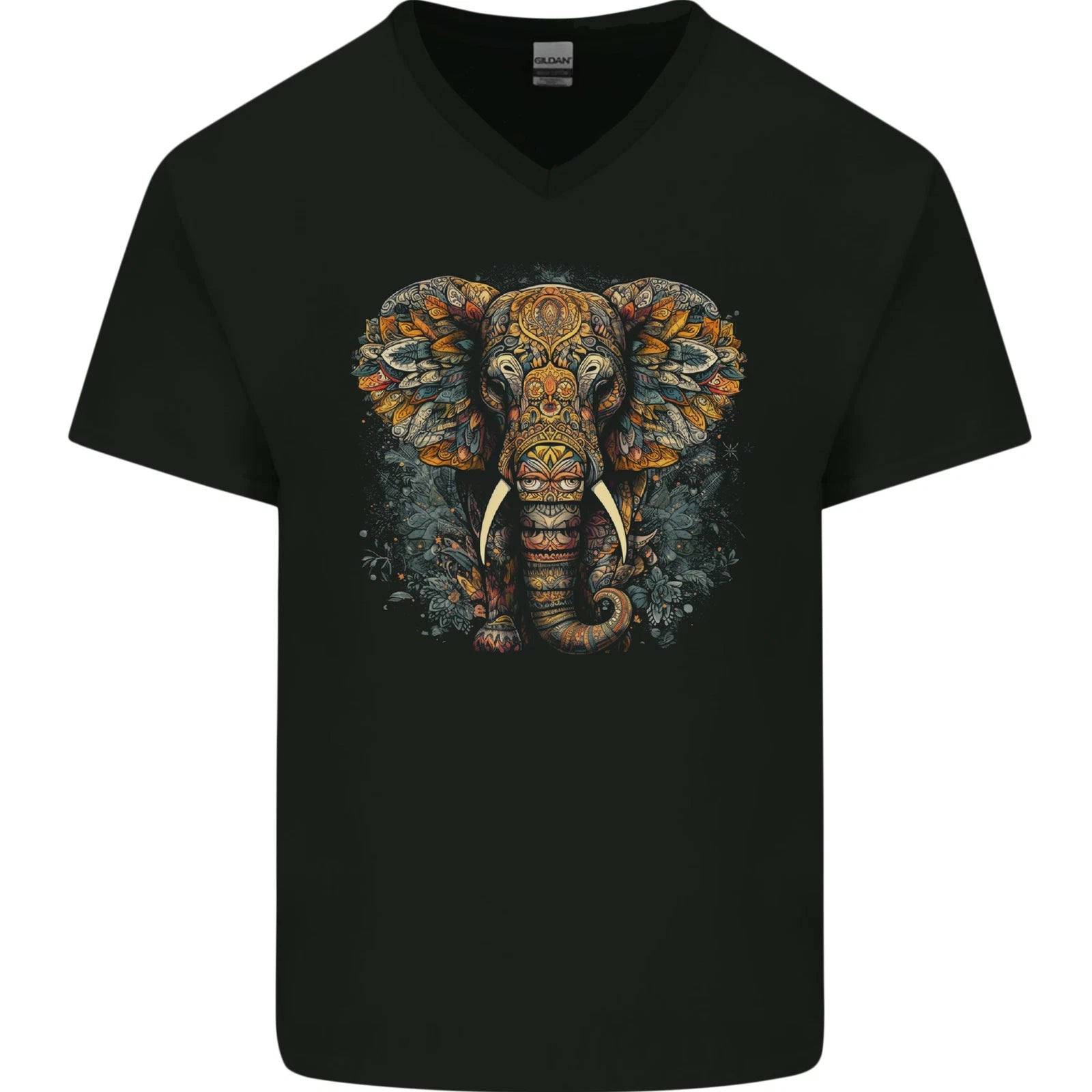An Elephant With Tribal Markings Mens V-Neck Cotton T-Shirt