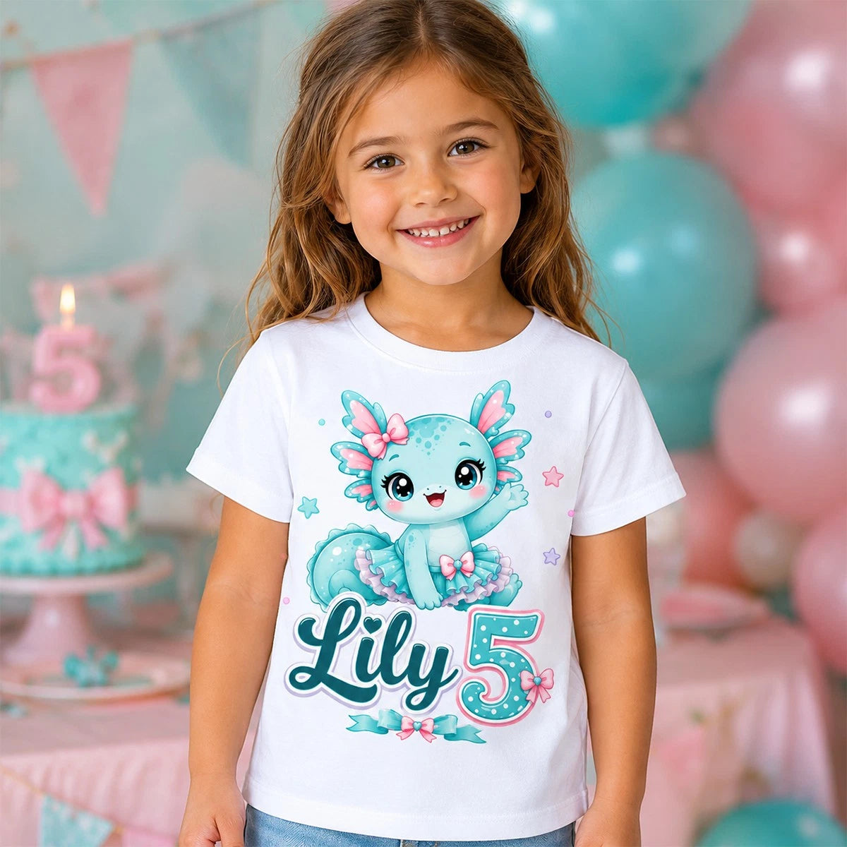 Personalised Axolotl 5th Birthday Girls T Shirt Custom Name Kids T-Shirt