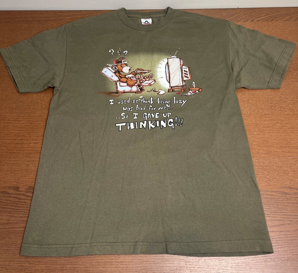 Alstyle Funny Monkey Lazy Graphic T-Shirt Men's L Olive Green Crew Neck Tee