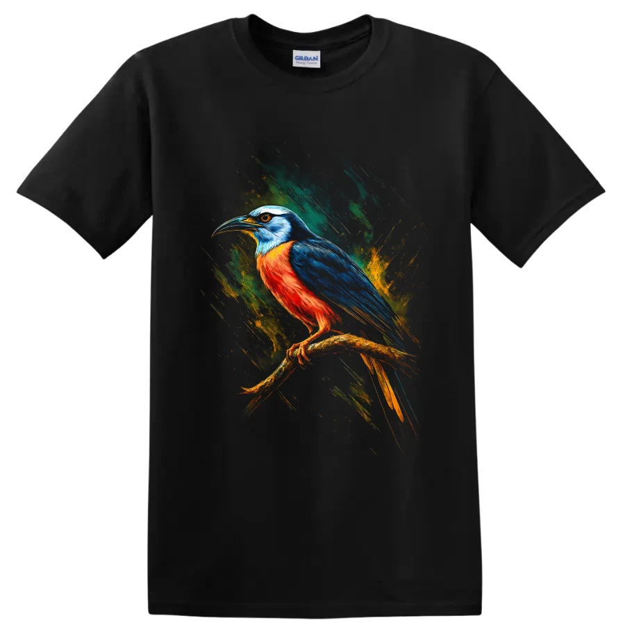 Colorful Tropical Bird T Shirt Modern Paint Splash Wildlife Art Graphic Bold Tee
