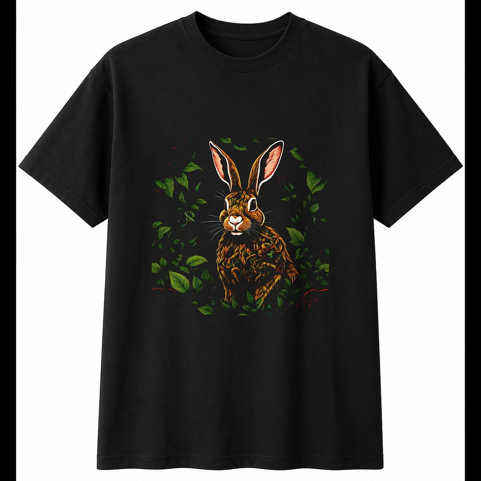 Detailed Flemish Giant Rabbit with Roses Mens T-Shirt Cute Black 100% Cotton Top