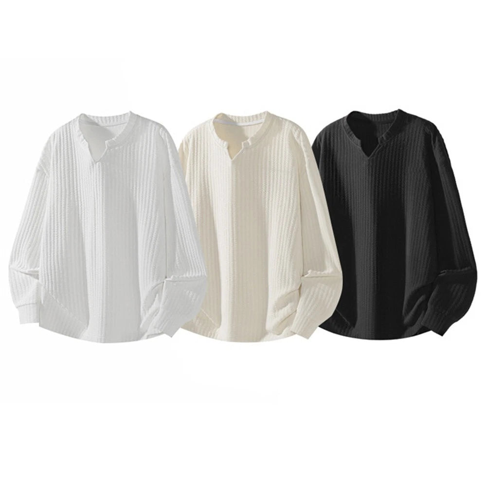 Men Solid Color Long Sleeve V Neck Tshirts Loose Fit Casual Streetwear Apparel