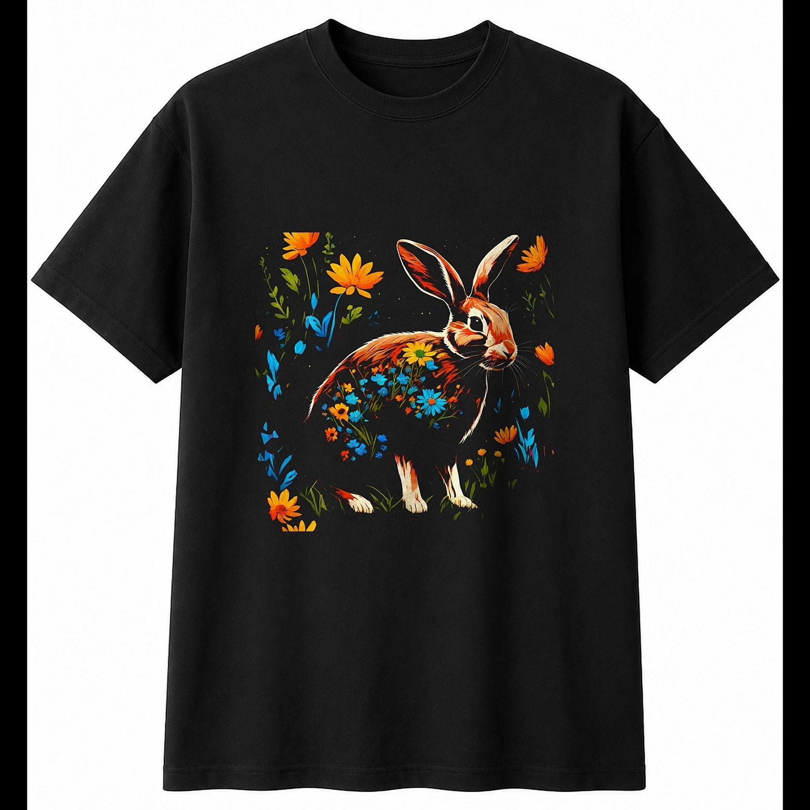 Rabbit with Flowers Cute Mens T-Shirt Black 100% Cotton Birthday