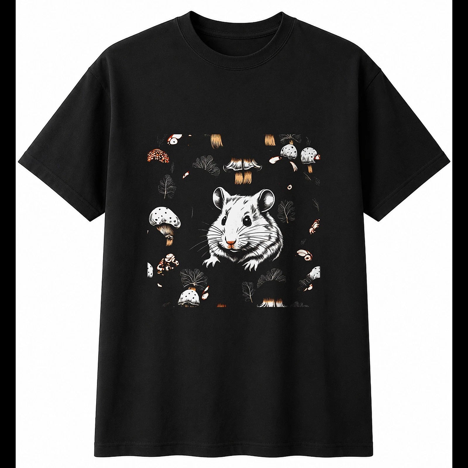 Graphic Hamster with Mushrooms Cute Mens T-Shirt Black 100% Cotton Kawaii Top