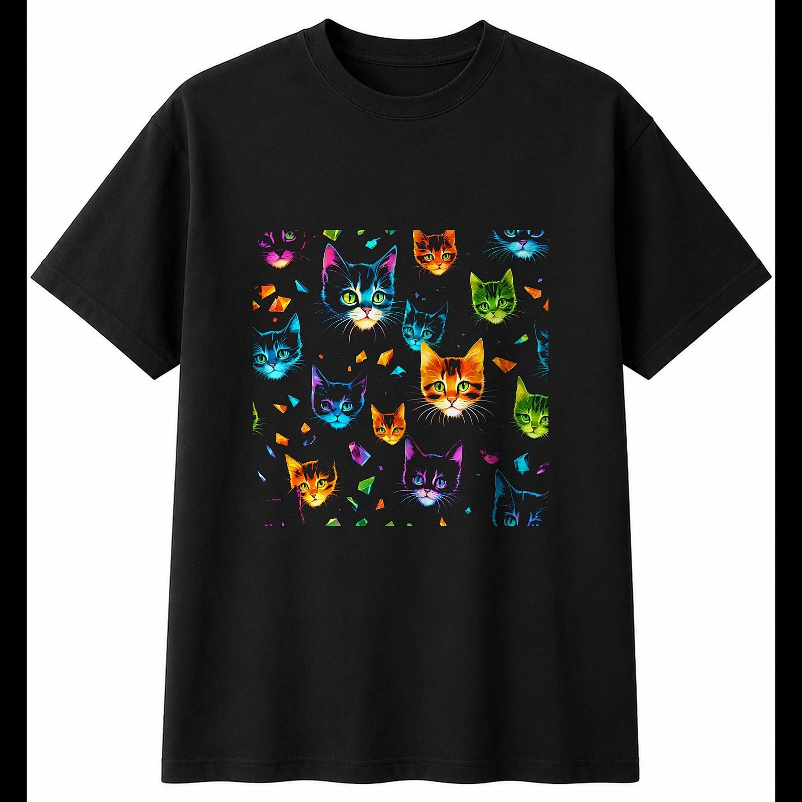 Colourful Kitten Shattered Cat Cute Mens T-Shirt Black 100% Cotton Kawaii