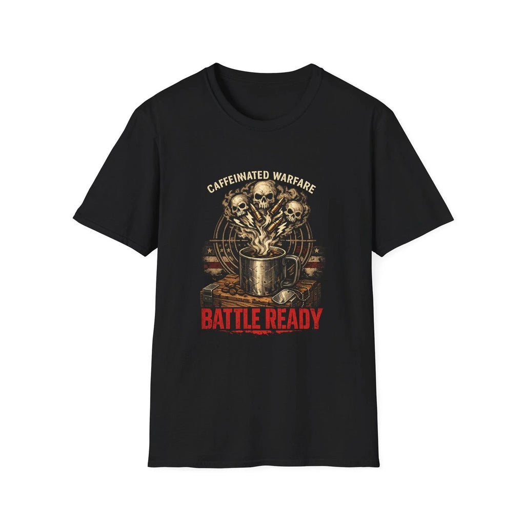 Caffeinated Warfare Battle Ready coffee skulls T-Shirt | Military coffee design