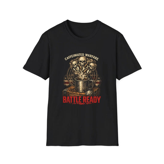 Caffeinated Warfare Battle Ready coffee skulls T-Shirt | Military coffee design