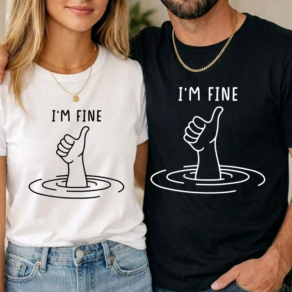 I'm Fine Funny T Shirt Sarcastic Humour Thumbs Up Graphic Tee Unisex Gift Mens
