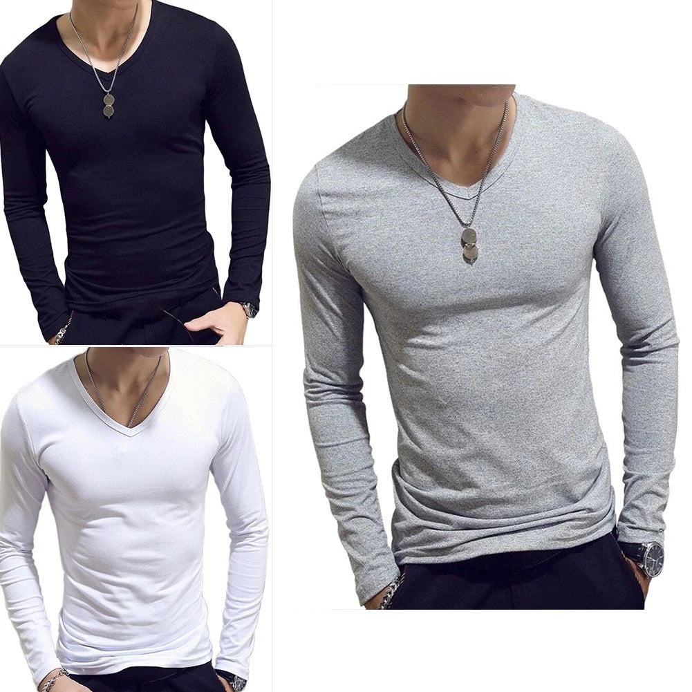 Solid Color Men's Long Sleeve V Neck T Shirt Regular Fit Spring Autumn