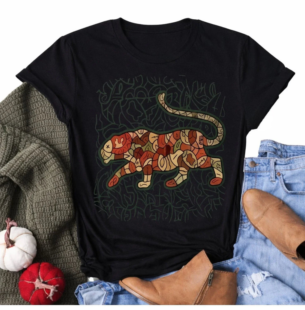 Colorful Patchwork Big Cat Leopard Mosaic Artistic Pattern Graphic Design Tee