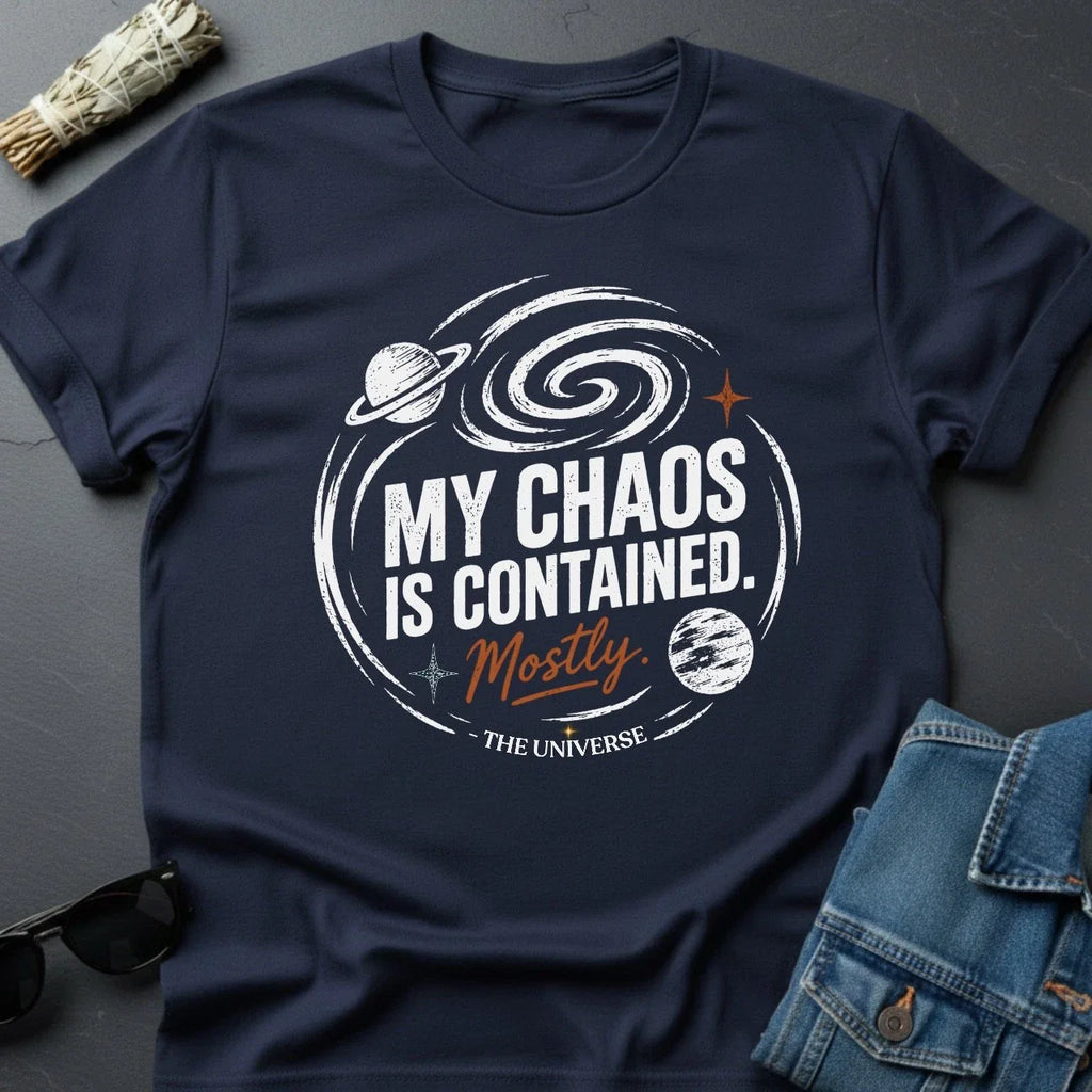 My Chaos is Contained Mostly T-Shirt - Funny Space Theme Graphic Tee with Cosmic