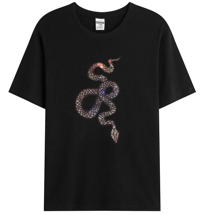 New Men Luxury Diamond Snake Rhinestones Fashion Black T-Shirt High Quality