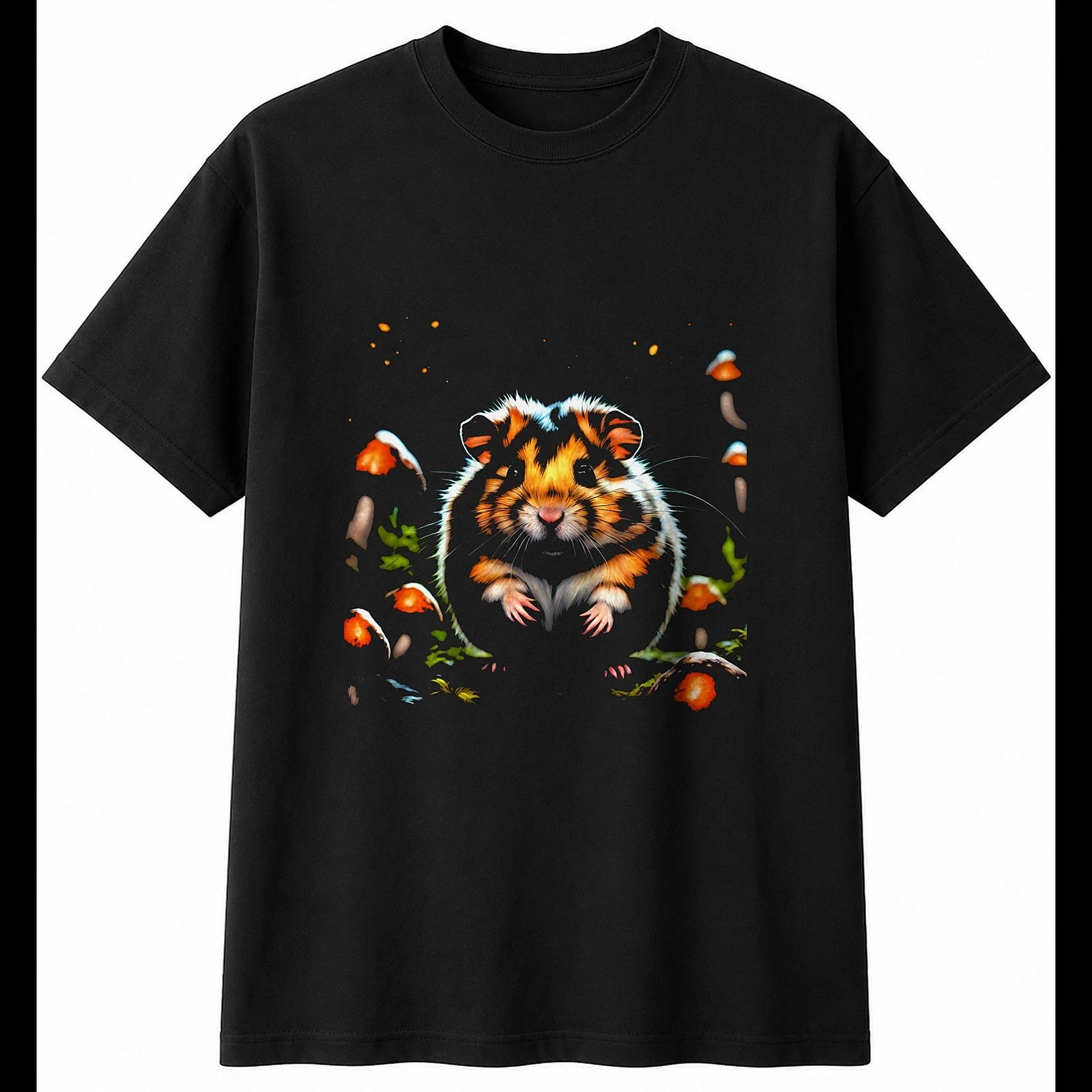 Dark Fantasy Roborovski Hamster with Mushrooms Cute Mens T-Shirt Black Kawaii