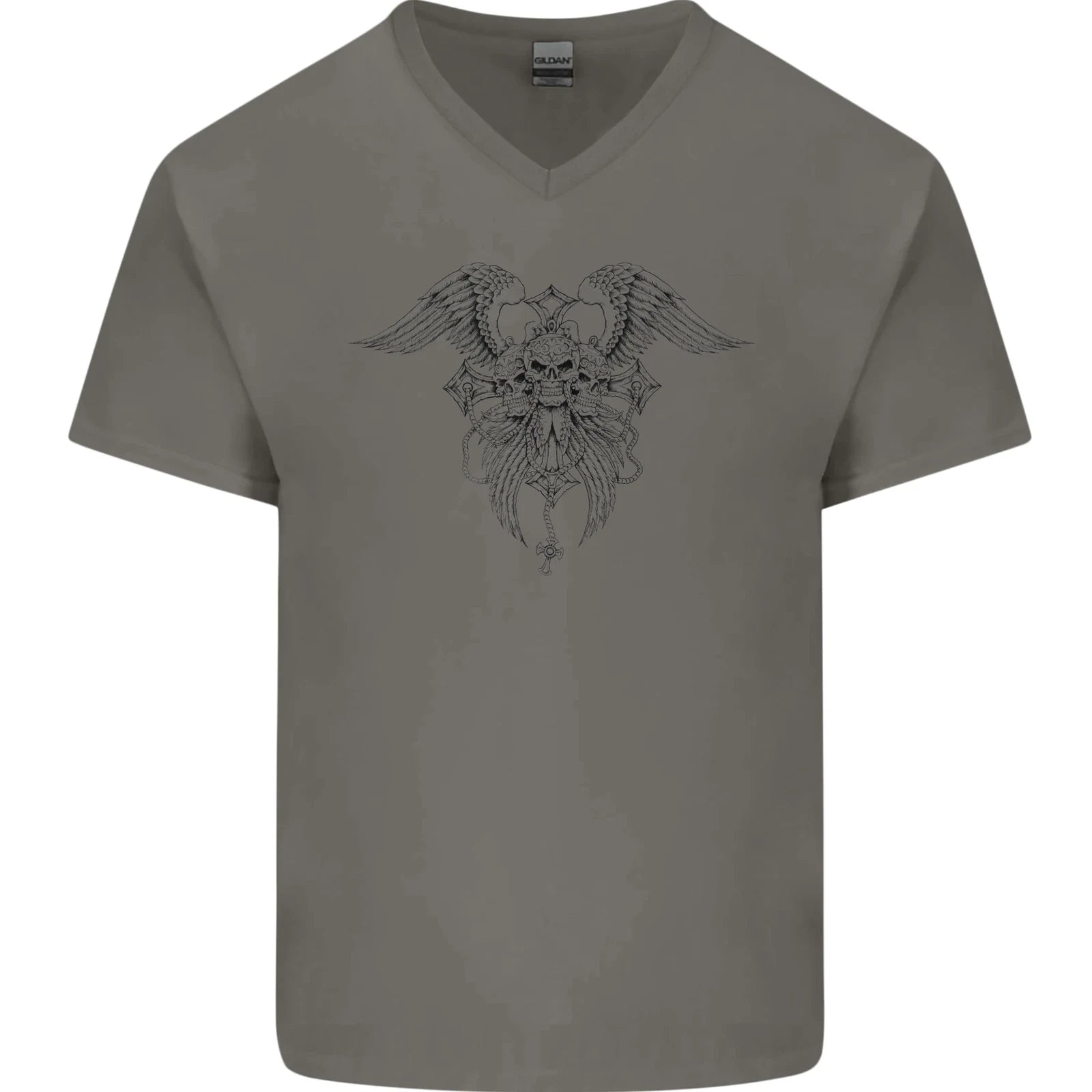 Cross Skull Wings Gothic Biker Heavy Metal Mens V-Neck Cotton T-Shirt