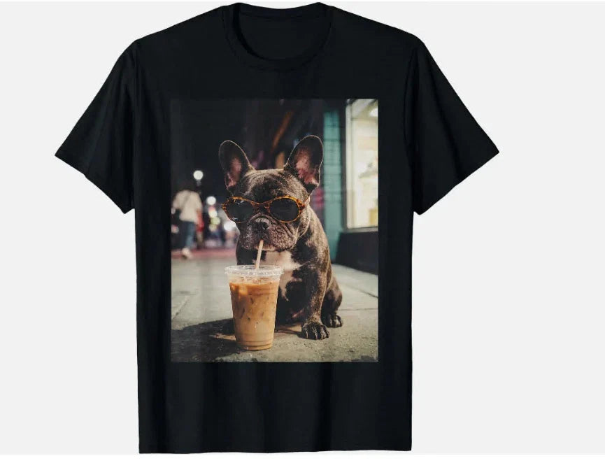 French Bulldog Drinking Iced Coffee Funny Animal T-Shirt