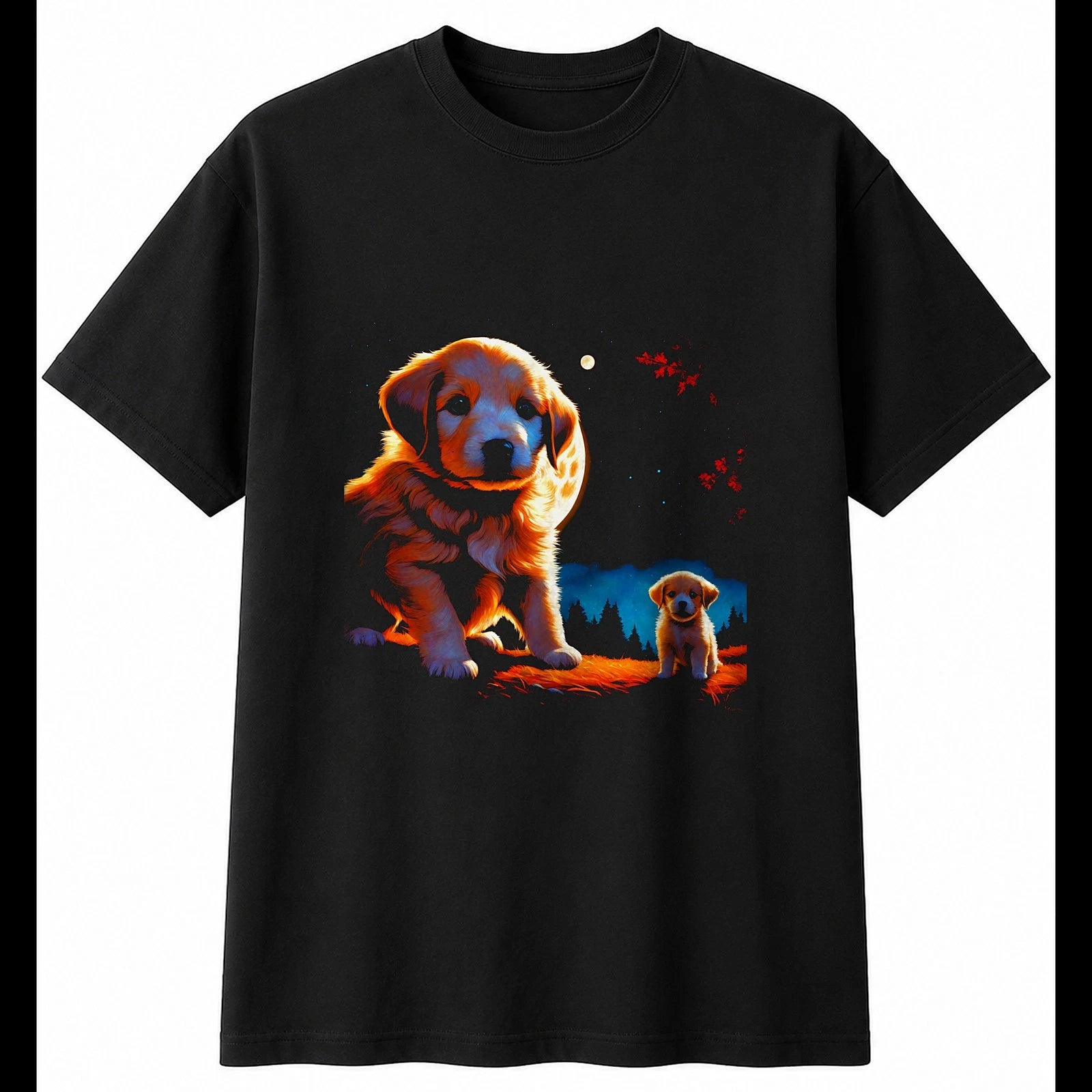 Puppy in Moonlight Dog Cute Mens T-Shirt Black 100% Cotton Novelty Kawaii