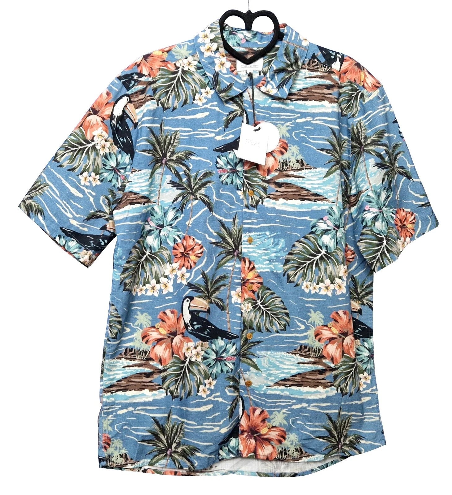 NEXT Mens Short Sleeve Blue Holiday Button Up Shirt Top Surf Tropical Design