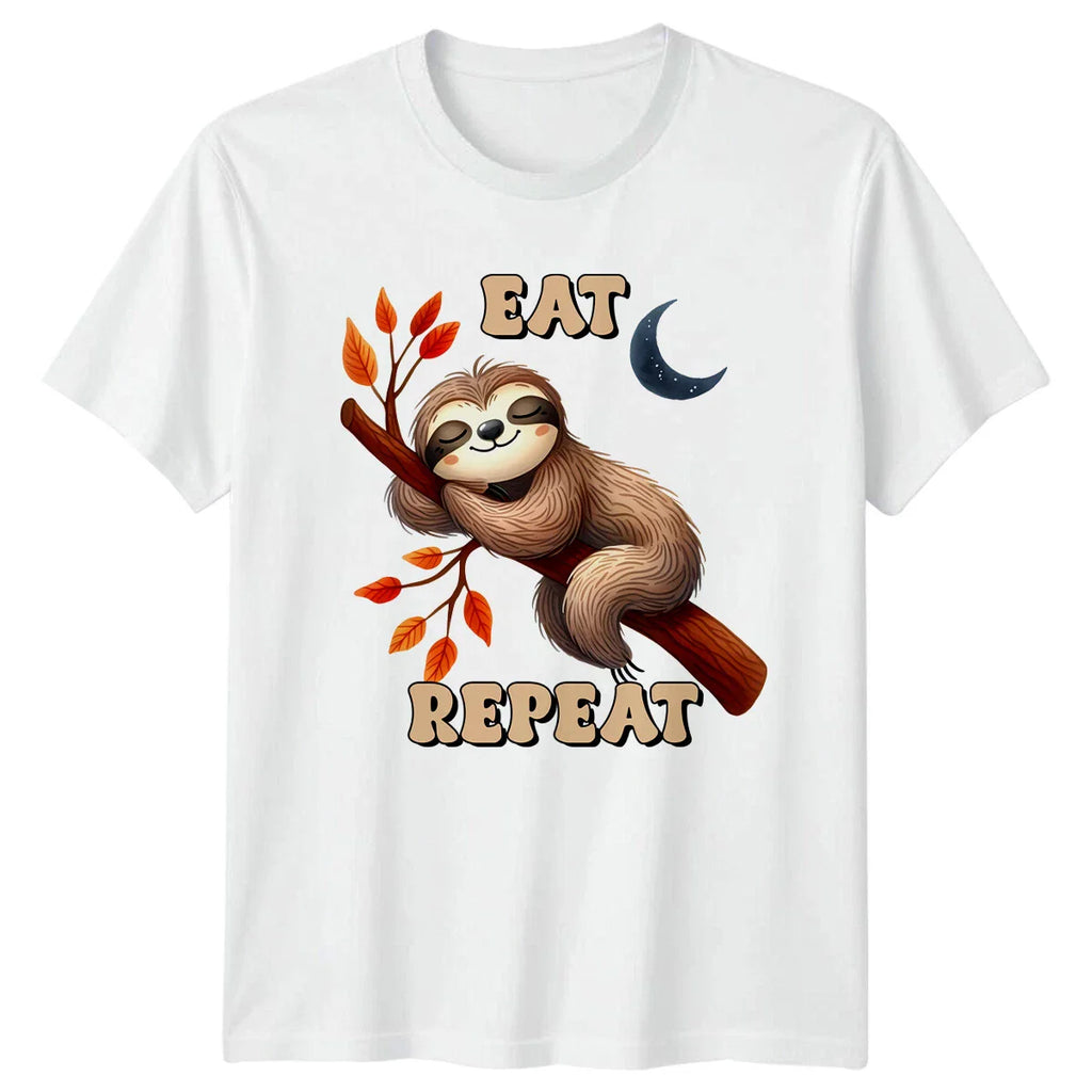 Funny Sloth Eat Repeat T-Shirt, Cartoon Animal, Sleepy Lazy Tee