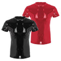 Stylish Men's Black Faux Leather PVC Clubwear T Shirt Top with Shiny Finish