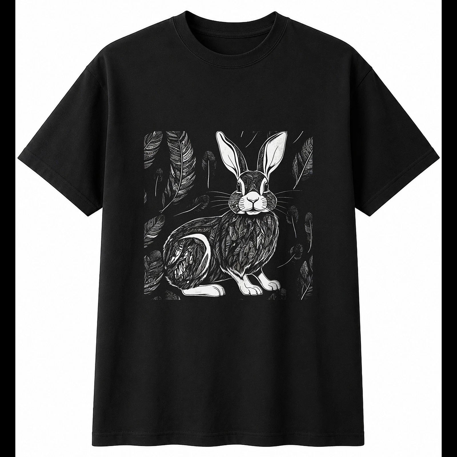 Graphic Flemish Giant Rabbit with Feathers Cute Mens T-Shirt Black 100% Cotton