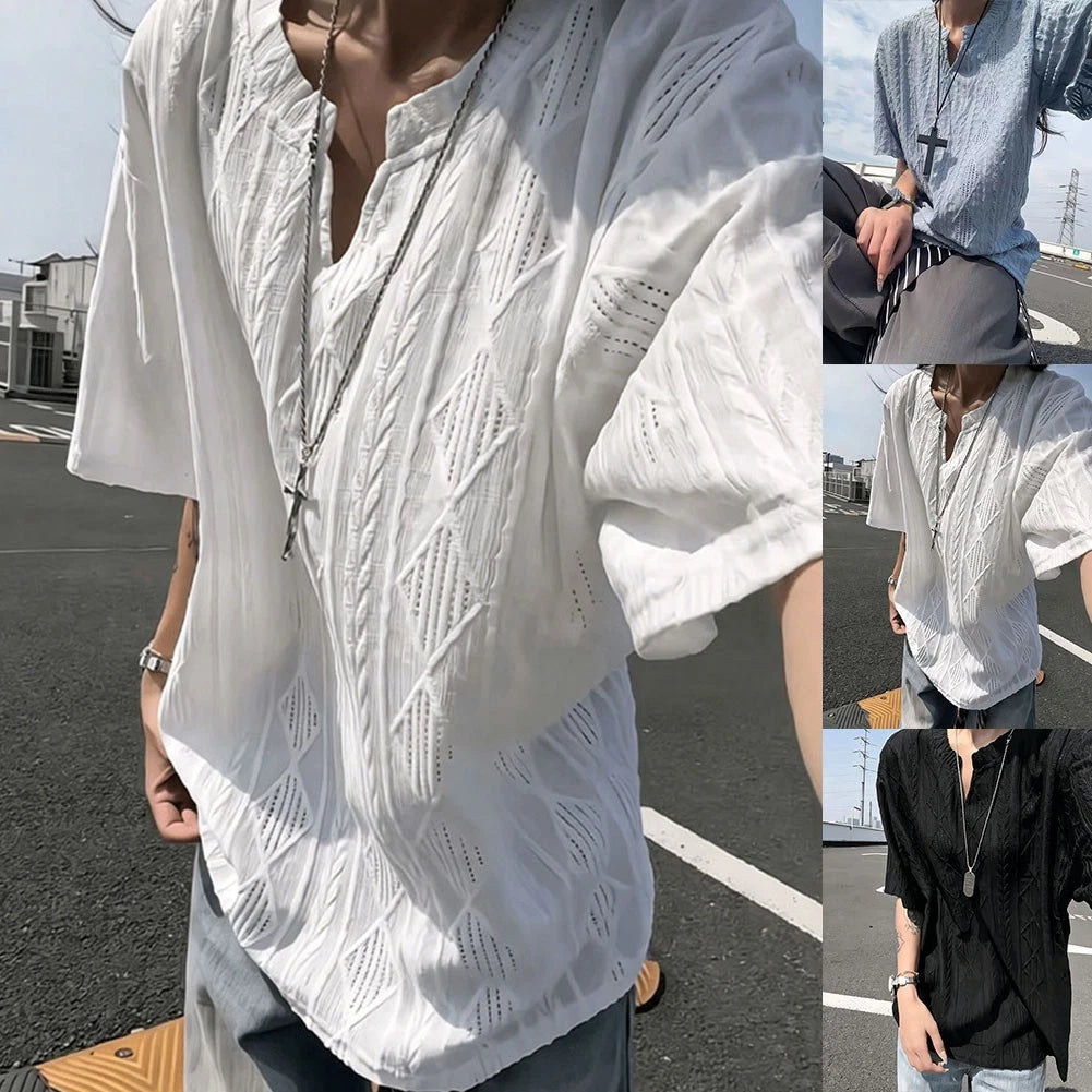 V Neck Short Sleeve Men's Korean T Shirt Hollow Texture Casual Loose Top