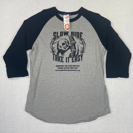 Sloth Shirt Adult Lg Raglan Slow Ride Take It Easy 3/4 Sleeve Gray Black NWT