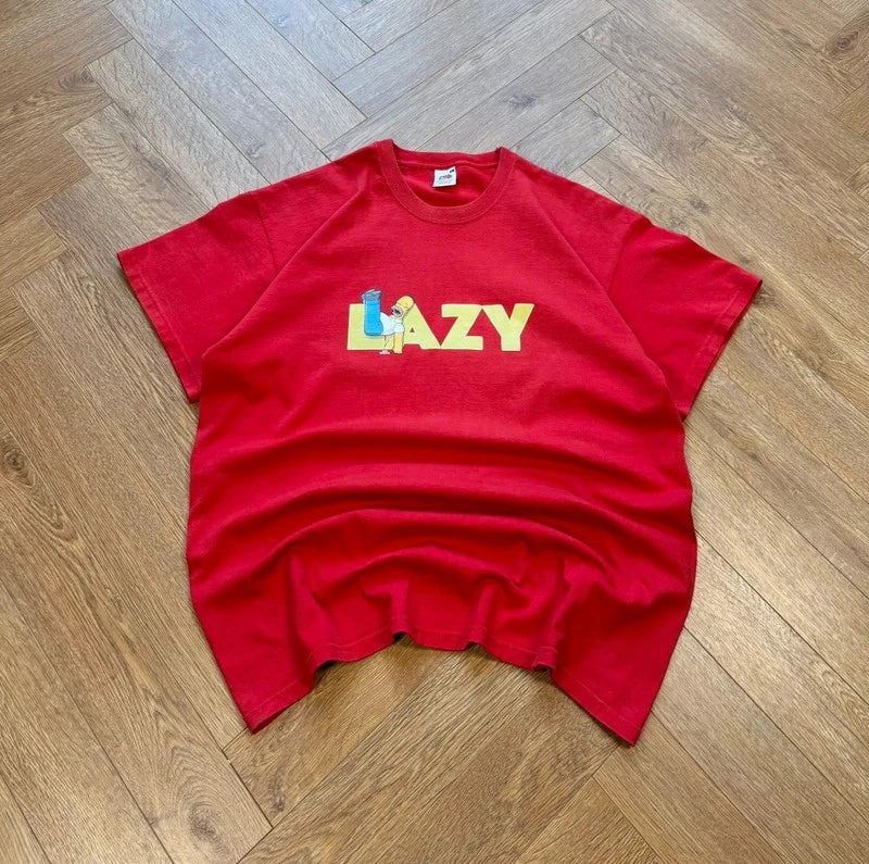 the simpsons homer simpson lazy red graphic short sleeve cartoon t shirt XL