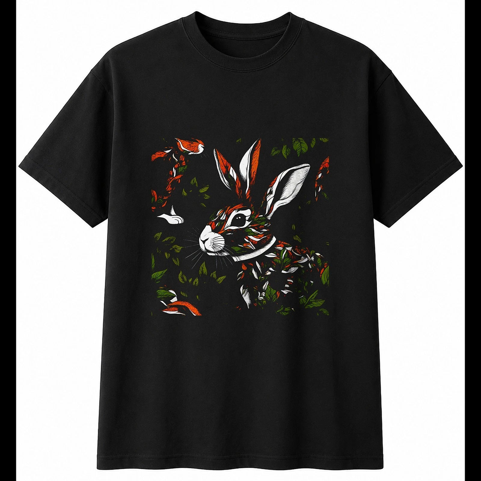Botanical Rex Rabbit Torn Paper Cute Mens T-Shirt Black 100% Cotton Kawaii