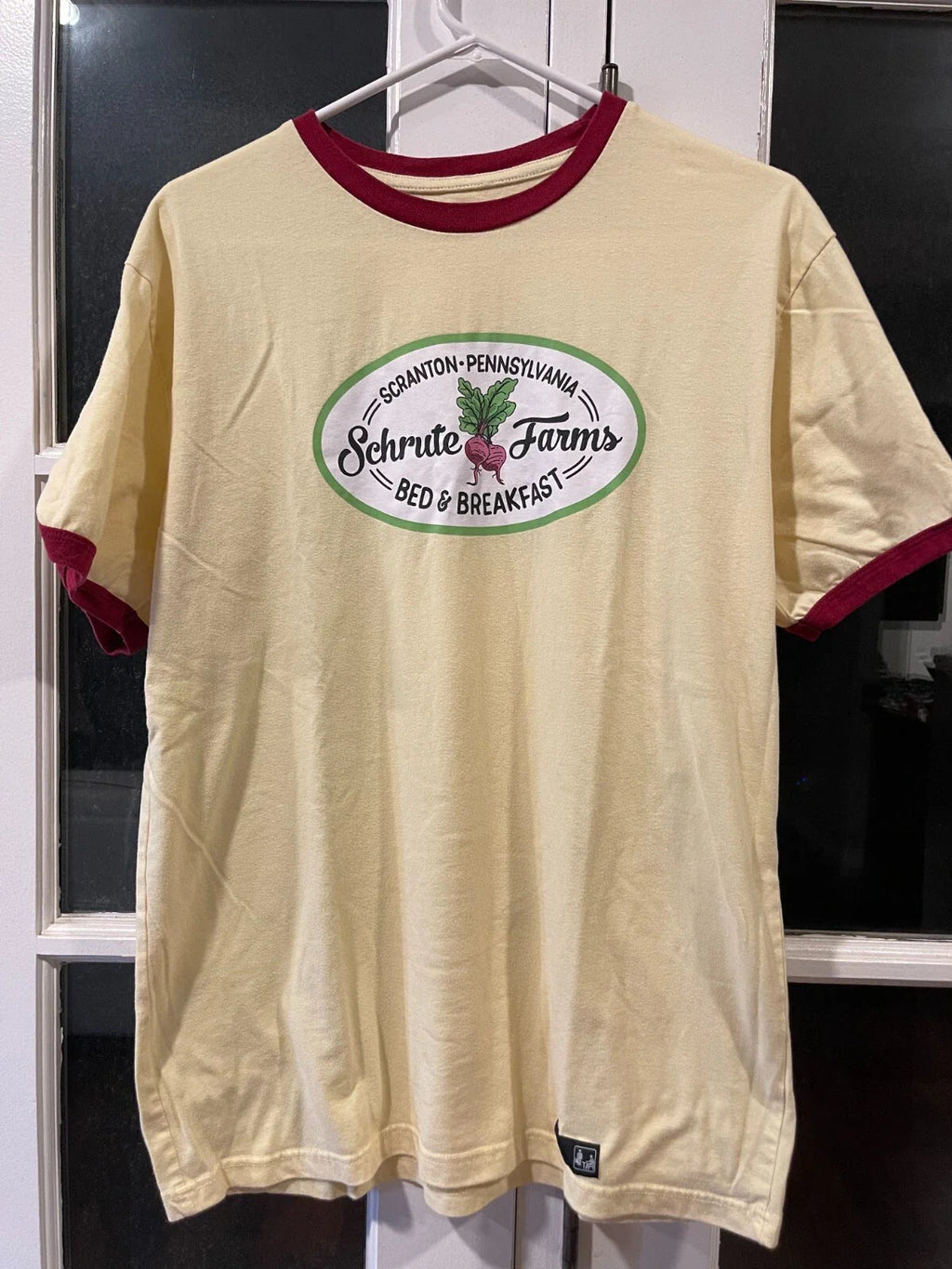 Loungefly The Office Mens Adult L Yellow Schrute Farms Ringer Tee Shirt Used