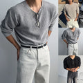Korean Style Men Loose Fit Long Sleeve Casual Knit T Shirt Plain Streetwear