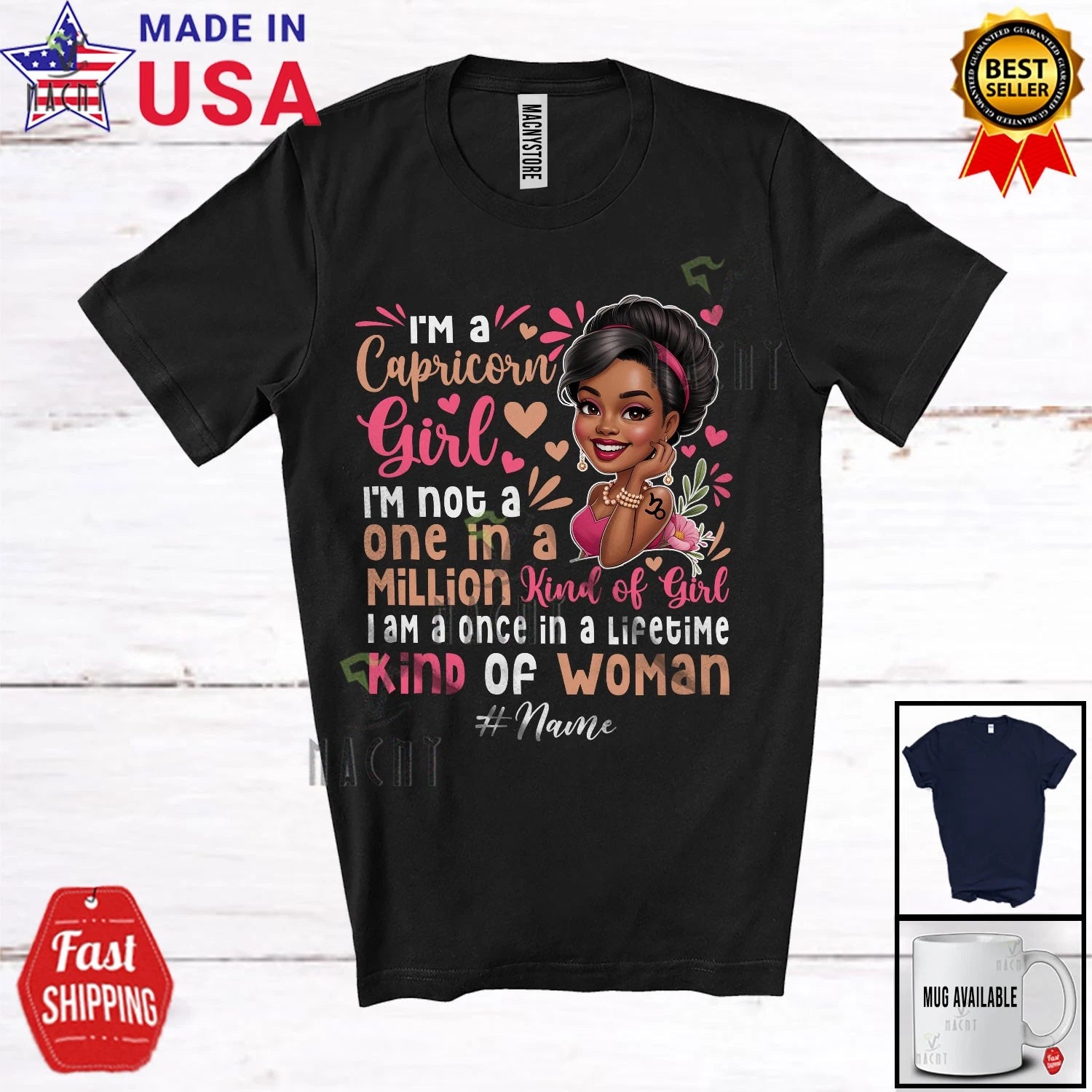 Custom Name A Capricorn Girl Once Woman In Lifetime; Birthday Zodiac Afro Shirt