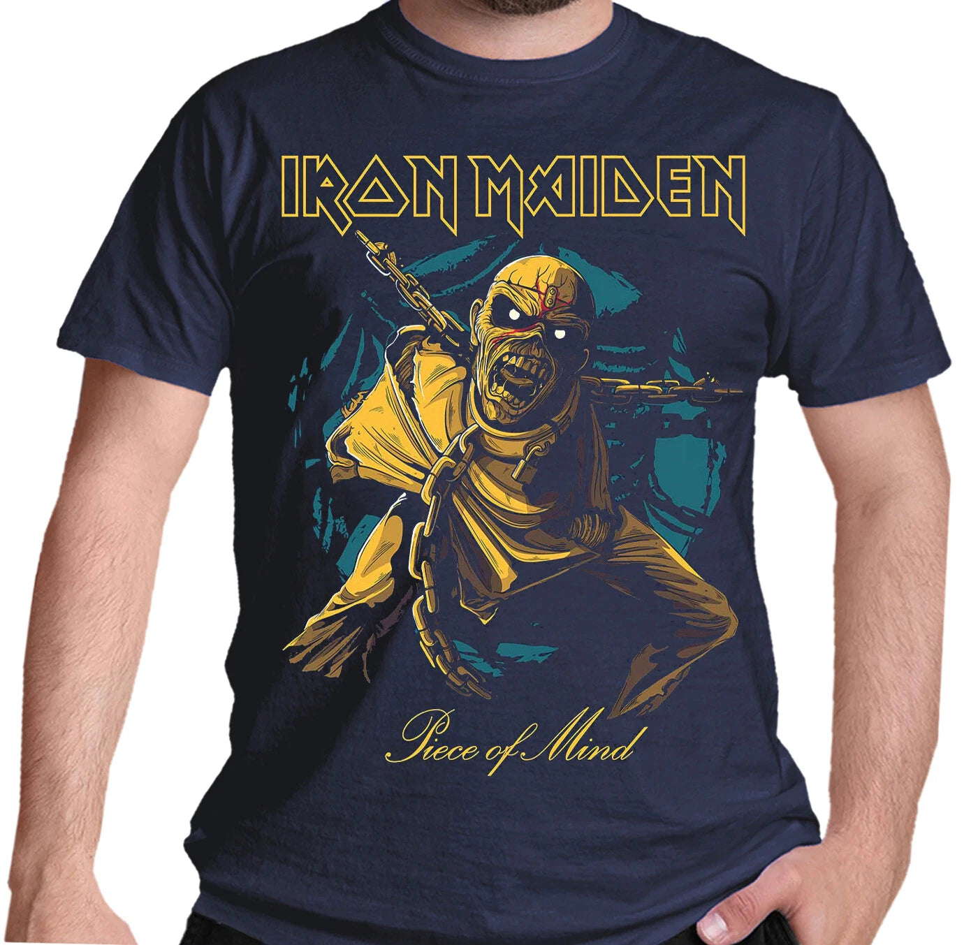 Official Iron Maiden T Shirt Piece Of Mind Gold Eddie Blue New S M L XL XXL