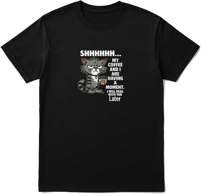 Cat Coffee Moment T-Shirt – Funny Unisex Black Tee for Coffee Lovers