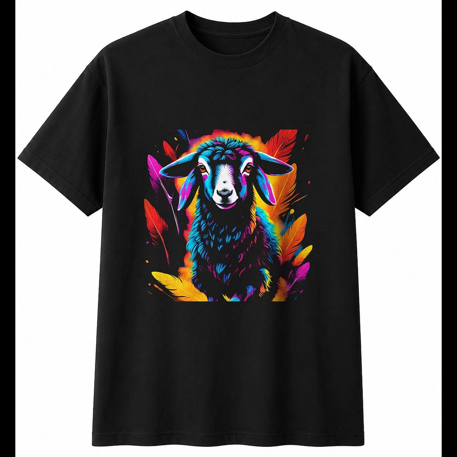 Neon Lamb with Feathers Sheep Cute Mens T-Shirt Black 100% Cotton Kawaii Unisex