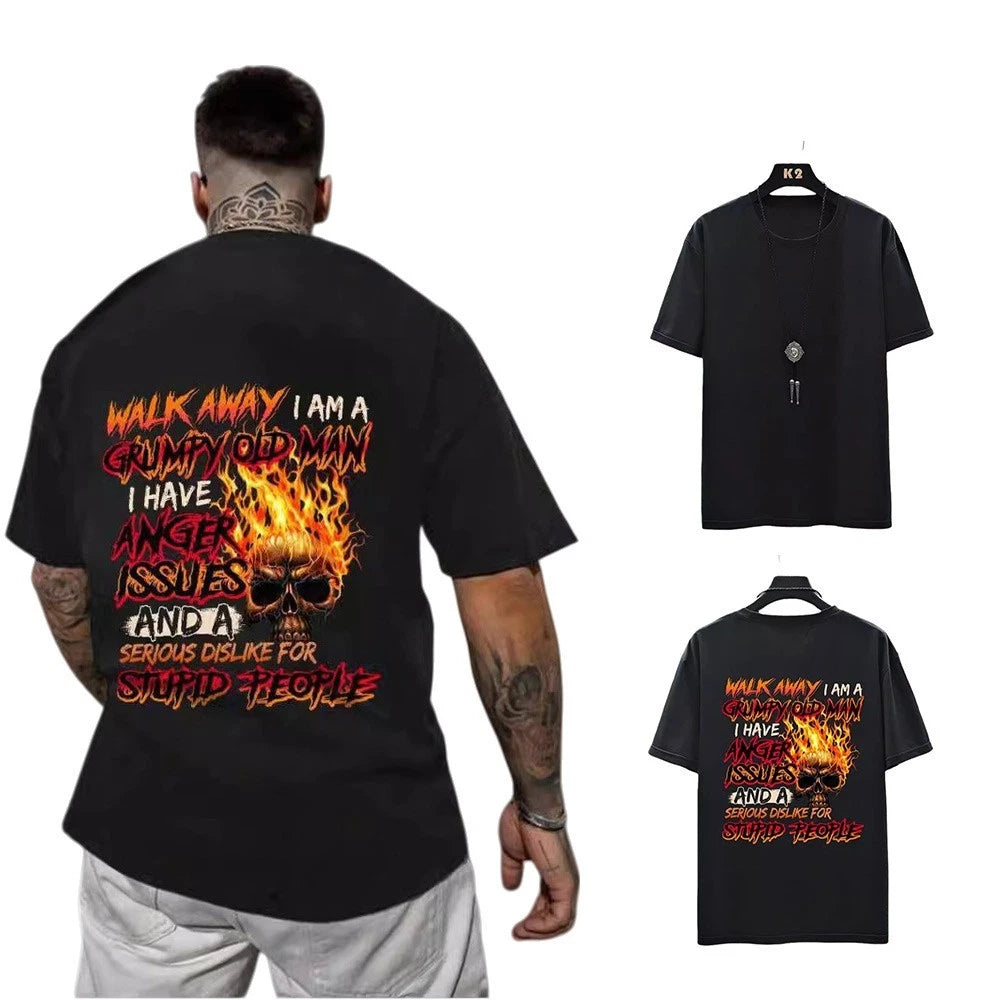 Men's Black Loose Printed T Shirt Polyester Fabric Suitable for Holiday Wear